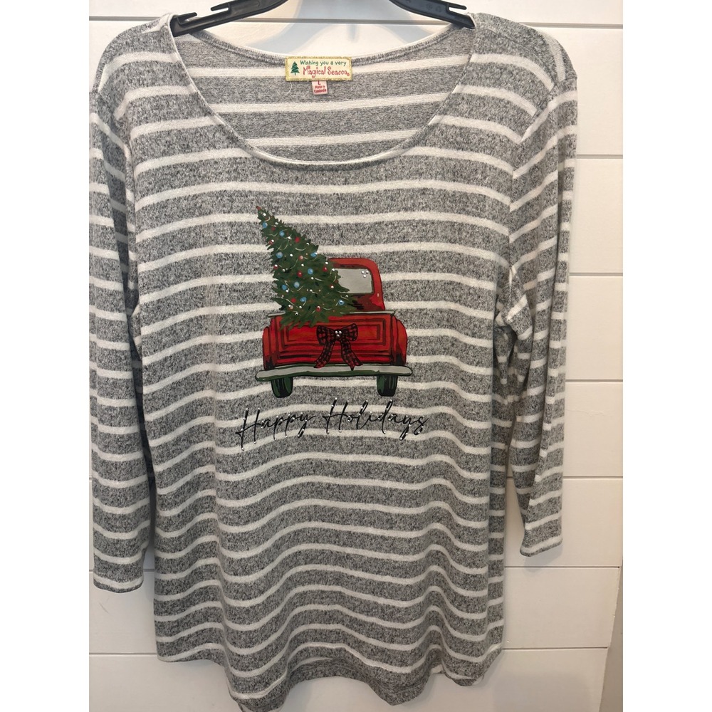 Magical Season Womens Christmas Red Truck Striped Top Grey White Large